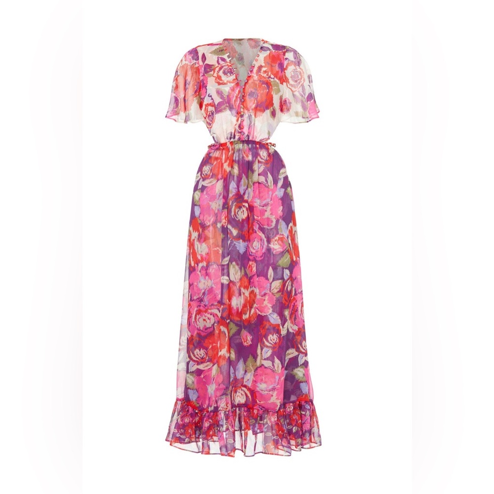 MISA Los Angeles Floral Chiffon Midi Dress Boho Pink Purple Button Front L - Picture 3 of 10